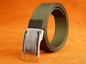 Detail of army green nylon belt with brushed silver metal automatic buckle and logo
