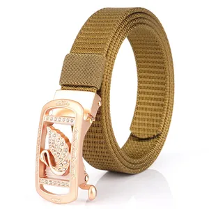 Women Fashion Nylon Woven Belt With Rhinestone Swan Automatic Alloy Buckle Casual Adjustable Waistband Accessories