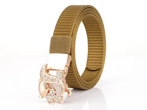 Detail of khaki nylon belt with rose gold fox buckle and sparkling rhinestones