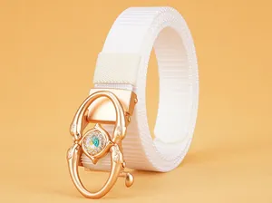 Detail of white woven nylon belt with gold buckle and colorful gemstone centerpiece