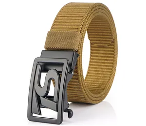 Detail of khaki woven nylon belt with black matte automatic metal buckle and S-shaped cutout