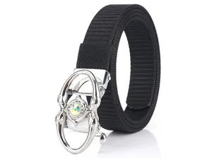 Detail of black nylon woven belt featuring a silver automatic buckle with colorful crystal