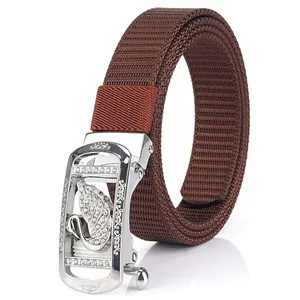 Brown nylon canvas woven belt for women with silver swan rhinestone automatic buckle