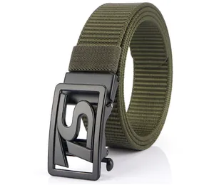 Macro detail of army green nylon tactical belt with black matte automatic metal S-buckle