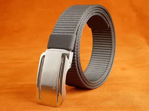 Detailed macro view of heavy duty nylon webbing belt with zinc alloy automatic buckle