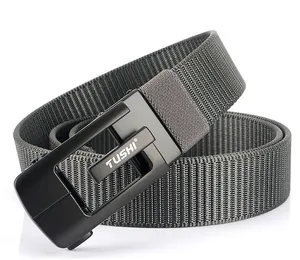Close-up of thick nylon woven belt with a matte black automatic metal buckle