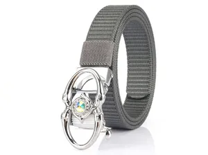 Detailed close-up of gray nylon outdoor belt with silver rhinestone automatic buckle