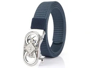 Detailed view of silver alloy automatic buckle with rhinestone inlay on navy nylon belt