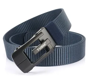 Detail of navy blue nylon tactical belt with high-density weave and matte black buckle