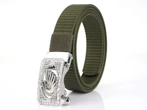 Detail of army green nylon belt with swan embossed silver alloy automatic buckle