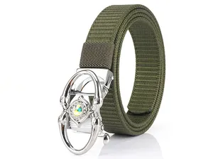Detailed shot of army green nylon belt with a silver rhinestone buckle and woven texture