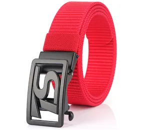 Close-up of red woven nylon belt with a stylish matte black S-shaped metal buckle