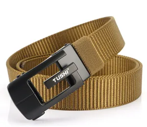Detail of khaki thickened nylon belt with black automatic buckle and woven texture