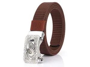 Detail of nylon woven belt with silver swan buckle and sparkling rhinestones