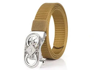 Detail of khaki nylon tactical belt featuring a silver buckle with sparkling rhinestones