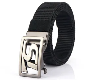 Detail of black nylon woven belt with brushed silver automatic buckle and hollow S design