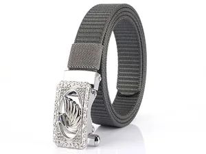 Detailed close-up of gray nylon woven belt with silver wing-shaped automatic alloy buckle