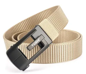 Macro detail of khaki thick nylon belt webbing with premium black metal automatic buckle