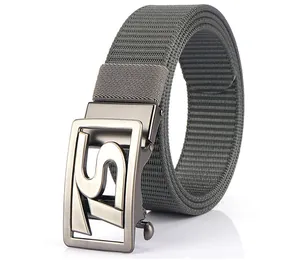 Detail of gray nylon woven belt with a metallic automatic buckle featuring ZS hollow design