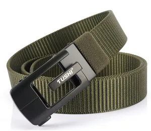 Detailed macro view of military green nylon web belt with black metal automatic buckle