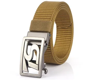 Detail of khaki nylon tactical belt with matte automatic buckle and hollow Z-shaped design