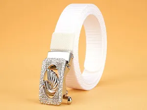 Close-up of white nylon belt with elegant silver swan buckle featuring rhinestones