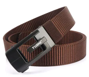 Detail of high-density dark brown nylon belt with matte black automatic buckle and logo