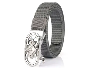 Detail of grey tank-weave nylon belt showing the textured silver automatic buckle