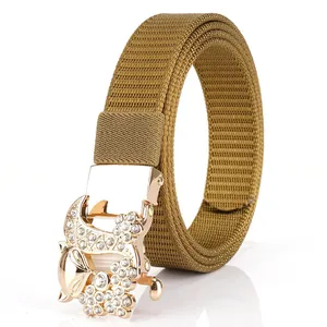 Khaki nylon woven belt with a gold rhinestone buckle, casual chic style for women