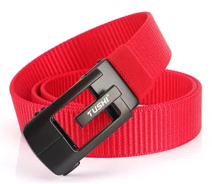 Detail of red nylon belt band with a matte black automatic metal buckle featuring TUSHI logo