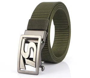 Detail of army green nylon tactical belt featuring a matte metal automatic buckle with cutout