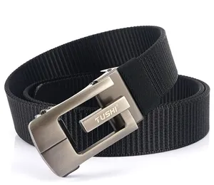 Detail view of durable black nylon web belt with brushed metal automatic buckle and logo