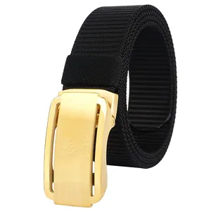 Men's black nylon tactical belt with gold automatic buckle and TUSHI brand engraving