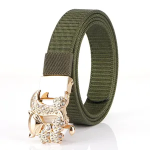 Army green nylon belt with ornate gold fox buckle encrusted with white rhinestones