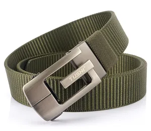 Detail of army green thick nylon belt featuring a brushed metal automatic buckle