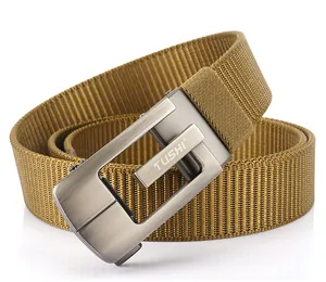 Close-up of khaki tactical nylon belt showing brushed alloy automatic buckle and texture