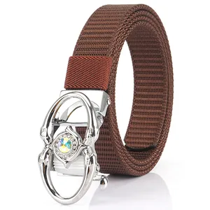Outdoor stylish brown braided nylon belt with decorative silver rhinestone buckle