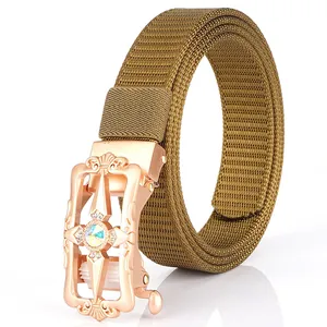 Luxury Nylon Weave Belt With Vintage Alloy Automatic Buckle Rhinestone Inlaid Casual Fashion Waistband For Women Men