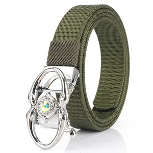 Military green woven nylon belt featuring a silver alloy buckle with a colorful crystal
