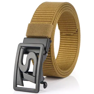 Tactical nylon canvas belt in khaki with black matte metal smooth buckle for men