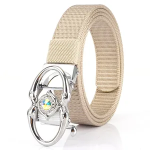 Beige nylon woven belt for women with artistic silver rhinestone automatic buckle