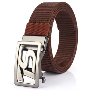 Men's dark brown nylon woven belt with a grey rectangular automatic metal buckle