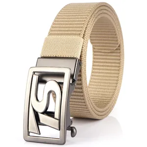 Men's khaki tactical nylon belt featuring a grey metal automatic buckle with S letter