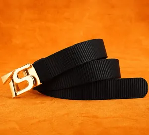 Macro shot of durable black nylon belt with premium gold-tone stainless steel S-buckle