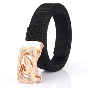 Women Fashion Nylon Woven Belt With Zinc Alloy Automatic Buckle Rhinestone Swan Pattern Adjustable Outdoor Waistband