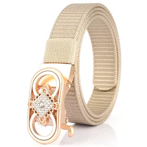 Women's nylon tank weave belt with rose gold floral rhinestone automatic buckle