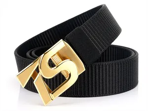 Close-up of black nylon web belt with a premium golden brushed metal buckle