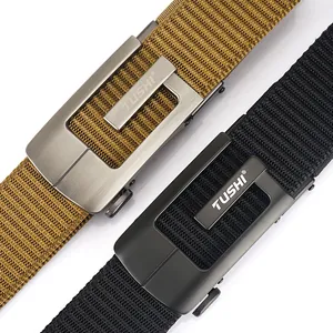 Thickened nylon tactical belt with automatic metal buckle in khaki and black colors