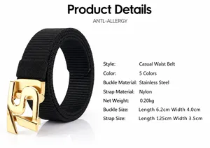 Detail specifications of nylon belt with stainless steel automatic buckle and dimensions