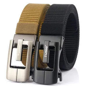 Men's thickened nylon belts with metal automatic buckles in black and tan brown colors